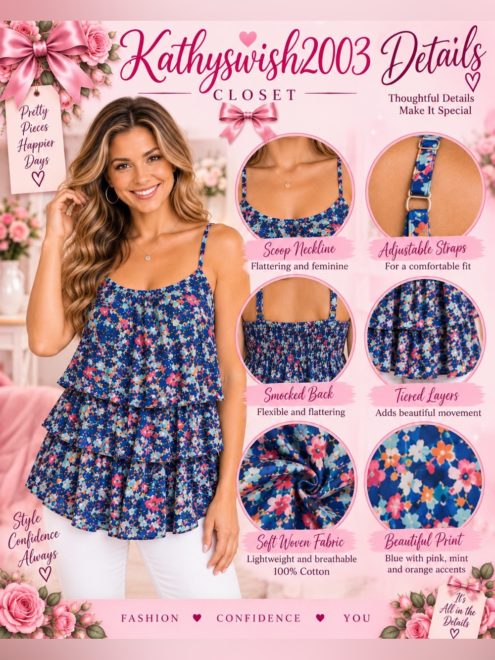 Blue Multicolor Smocked Camisole Top - Picture 3 of 15
